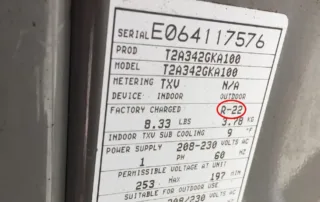 Tag on condenser showing type of refrigerant
